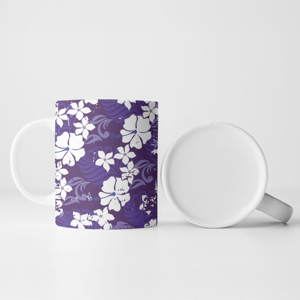 Purple Hawaiian Hibiscus Monstera Ceramic Mug Grunge Stylized
