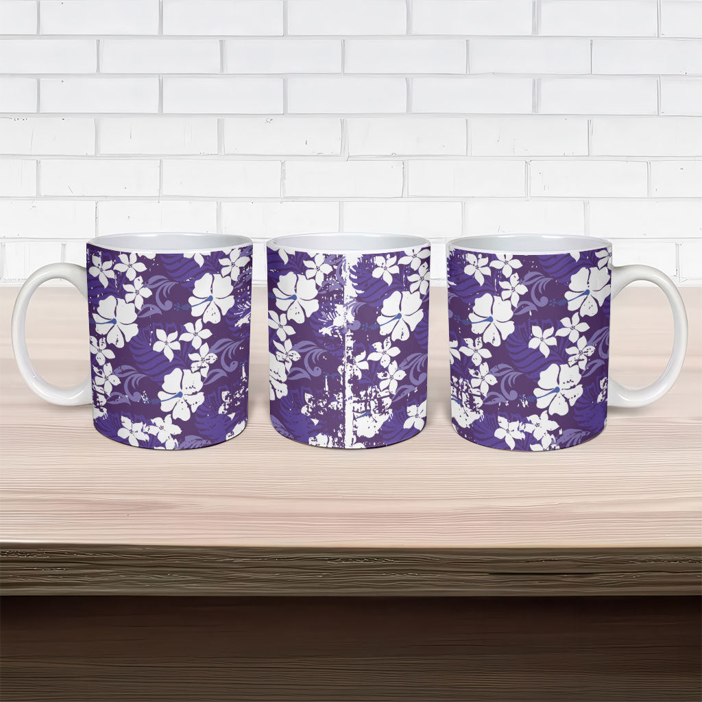 Purple Hawaiian Hibiscus Monstera Ceramic Mug Grunge Stylized