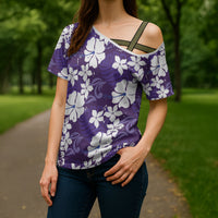 Purple Hawaiian Hibiscus Monstera Cross Shoulder Shirt Grunge Stylized LT01 - Polynesian Pride