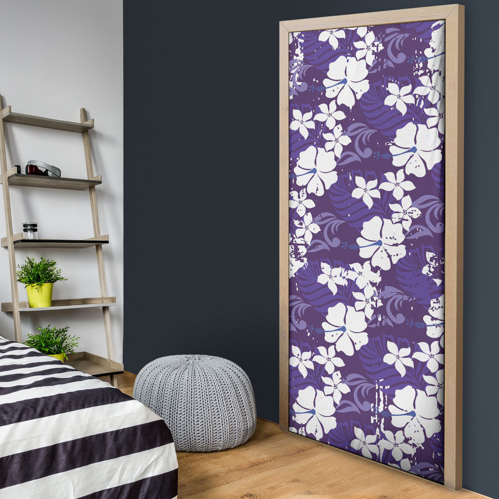 Purple Hawaiian Hibiscus Monstera Door Cover Grunge Stylized LT01 - Polynesian Pride