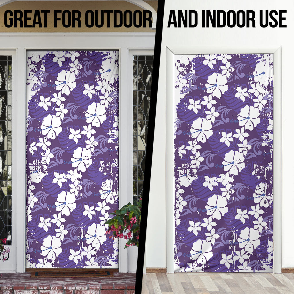 Purple Hawaiian Hibiscus Monstera Door Cover Grunge Stylized LT01 - Polynesian Pride