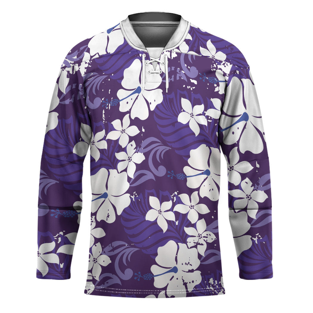 Purple Hawaiian Hibiscus Monstera Hockey Jersey Grunge Stylized LT01 Unisex Purple - Polynesian Pride