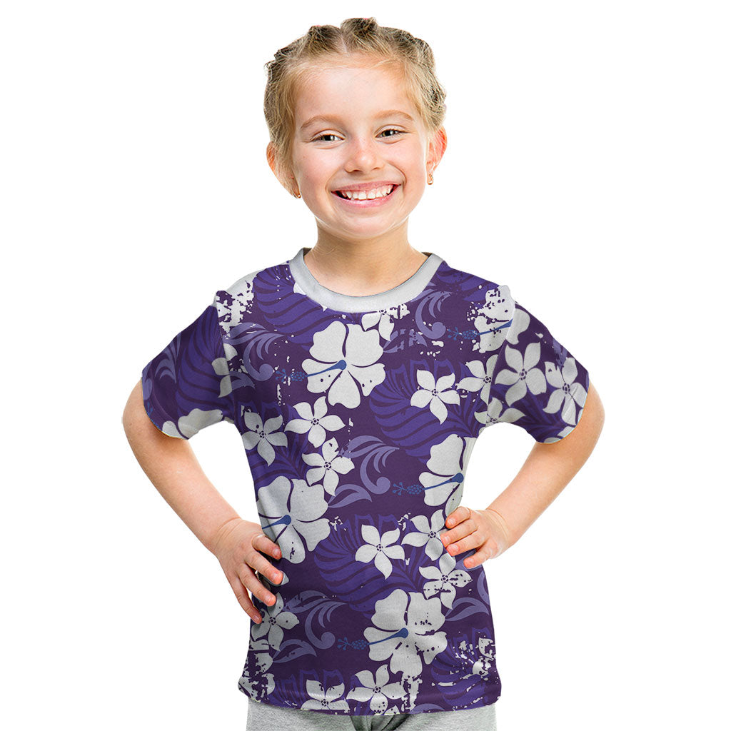 Purple Hawaiian Hibiscus Monstera Kid T Shirt Grunge Stylized LT01 Purple - Polynesian Pride