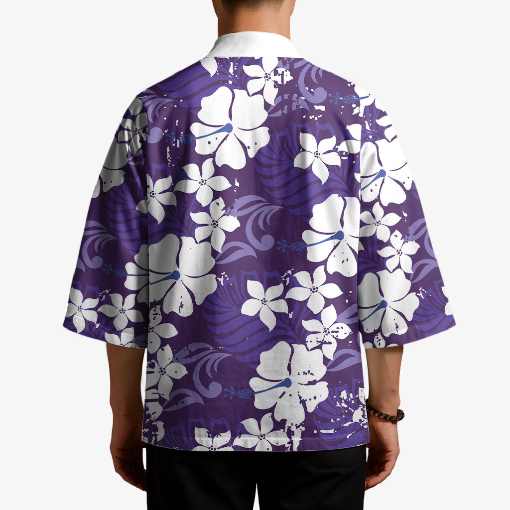 Purple Hawaiian Hibiscus Monstera Kimono Grunge Stylized LT01 - Polynesian Pride