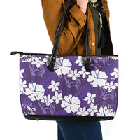 Purple Hawaiian Hibiscus Monstera Leather Tote Bag Grunge Stylized LT01 - Polynesian Pride