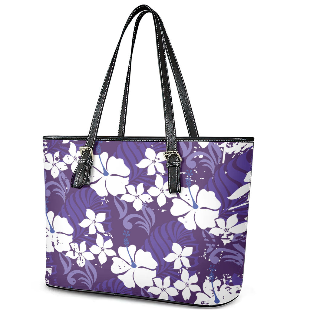 Purple Hawaiian Hibiscus Monstera Leather Tote Bag Grunge Stylized LT01 - Polynesian Pride