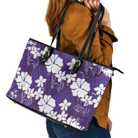 Purple Hawaiian Hibiscus Monstera Leather Tote Bag Grunge Stylized LT01 - Polynesian Pride