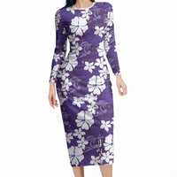Purple Hawaiian Hibiscus Monstera Long Sleeve Bodycon Dress Grunge Stylized LT01 Long Dress Purple - Polynesian Pride