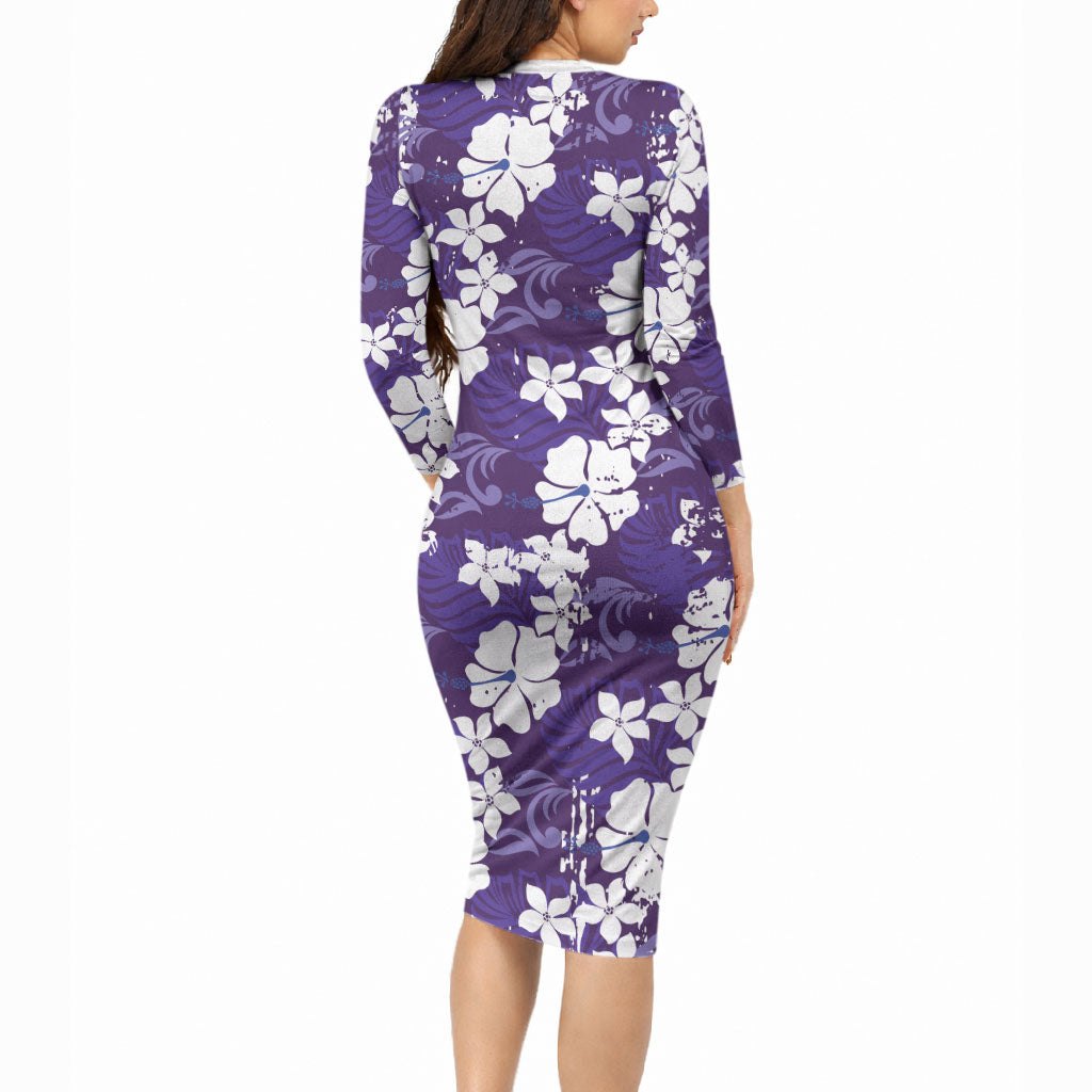 Purple Hawaiian Hibiscus Monstera Long Sleeve Bodycon Dress Grunge Stylized LT01 - Polynesian Pride