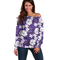 Purple Hawaiian Hibiscus Monstera Off Shoulder Sweater Grunge Stylized LT01 Women Purple - Polynesian Pride