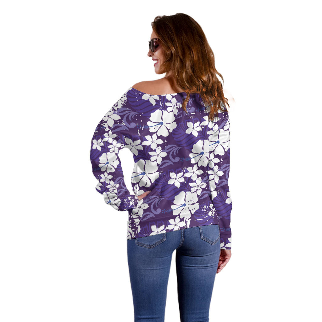 Purple Hawaiian Hibiscus Monstera Off Shoulder Sweater Grunge Stylized LT01 - Polynesian Pride