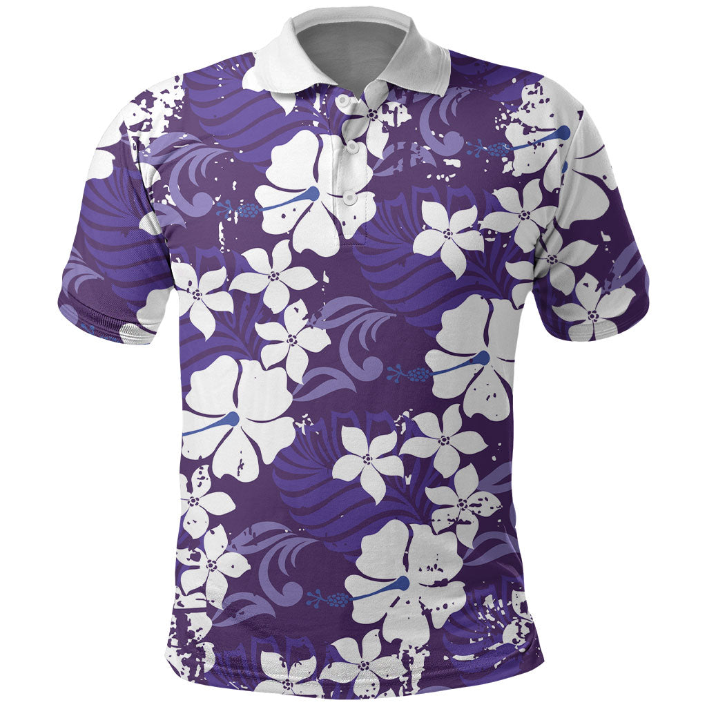 Purple Hawaiian Hibiscus Monstera Polo Shirt Grunge Stylized