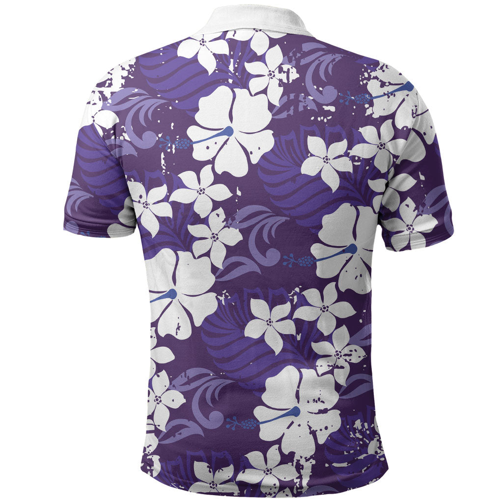 Purple Hawaiian Hibiscus Monstera Polo Shirt Grunge Stylized LT01 - Polynesian Pride