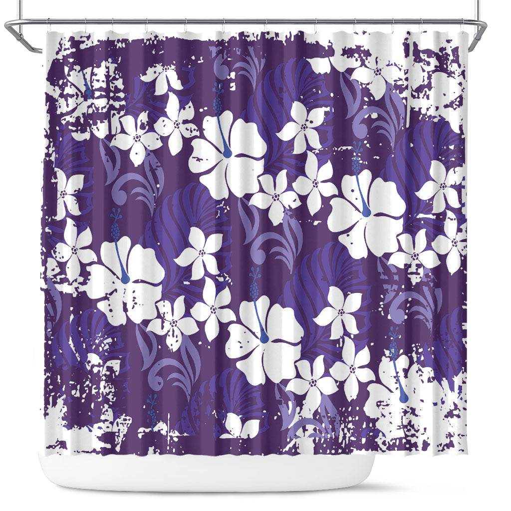 Purple Hawaiian Hibiscus Monstera Shower Curtain Grunge Stylized