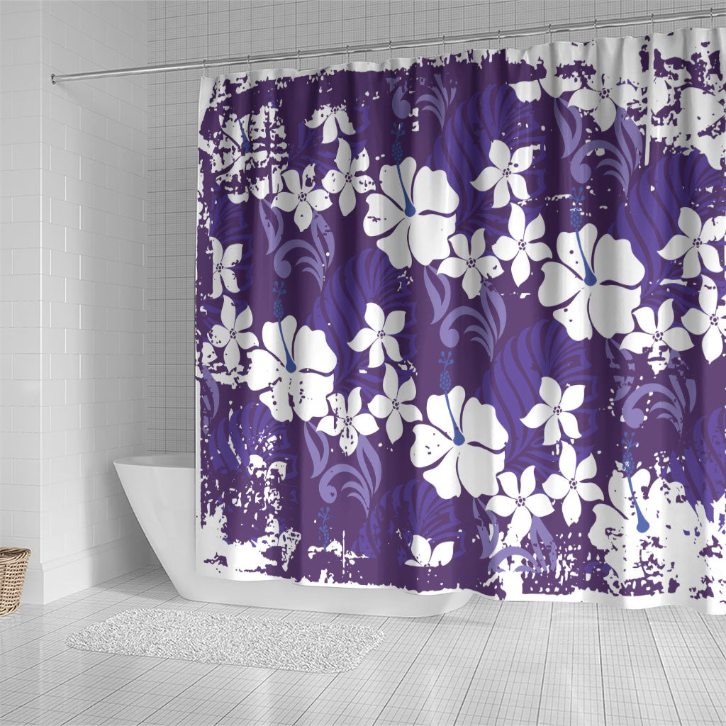 Purple Hawaiian Hibiscus Monstera Shower Curtain Grunge Stylized