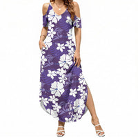 Purple Hawaiian Hibiscus Monstera Summer Maxi Dress Grunge Stylized LT01 Women Purple - Polynesian Pride