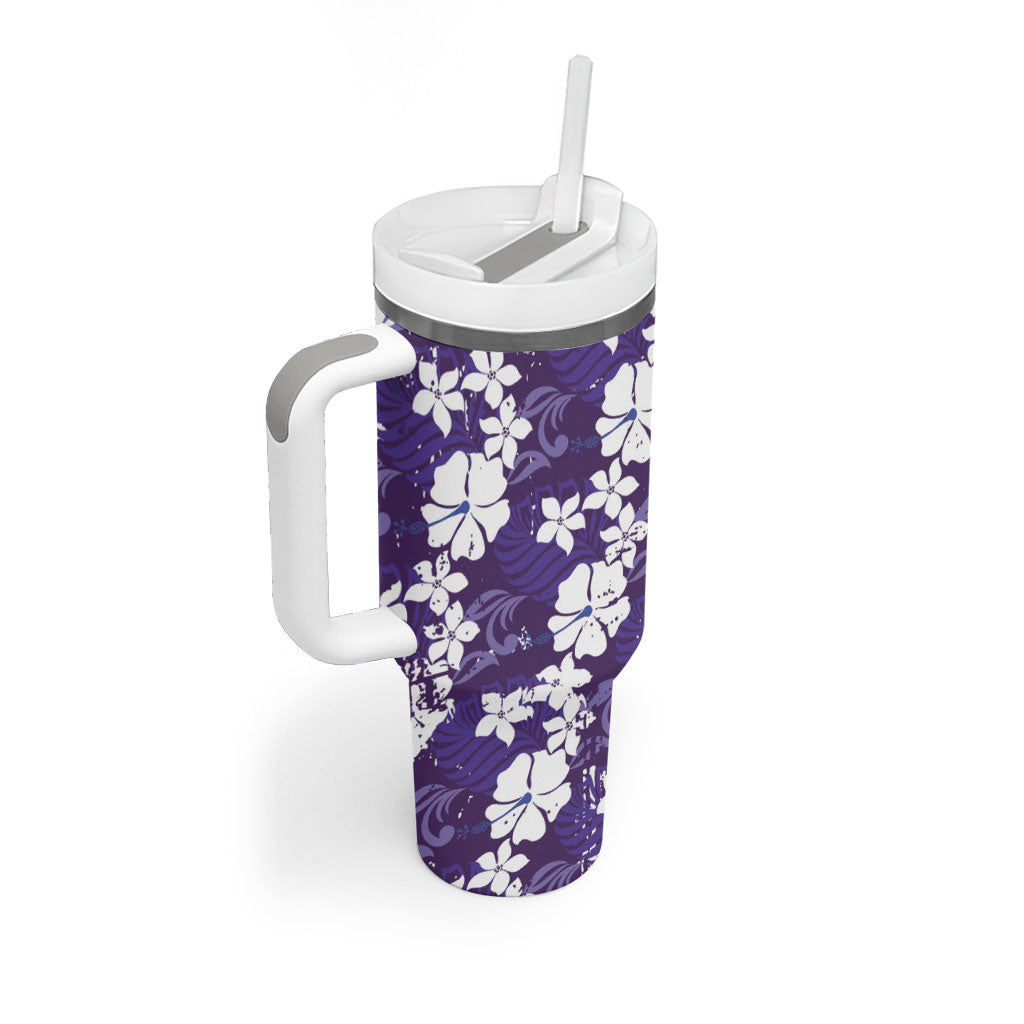 Purple Hawaiian Hibiscus Monstera Tumbler With Handle Grunge Stylized LT01 - Polynesian Pride