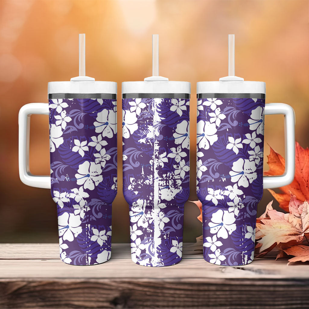 Purple Hawaiian Hibiscus Monstera Tumbler With Handle Grunge Stylized LT01 - Polynesian Pride