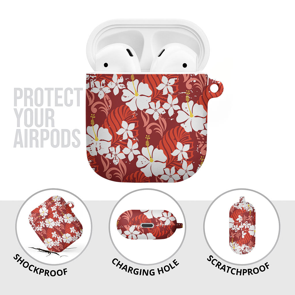 Red Hawaiian Hibiscus Monstera AirPods Case Grunge Stylized LT01 - Polynesian Pride