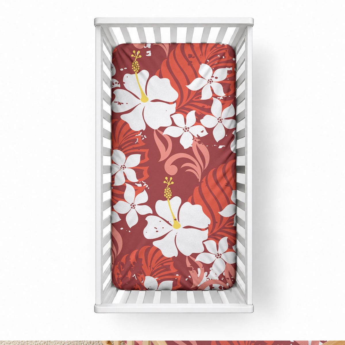 Red Hawaiian Hibiscus Monstera Baby Bed Cover Grunge Stylized LT01 28 × 52 in Red - Polynesian Pride