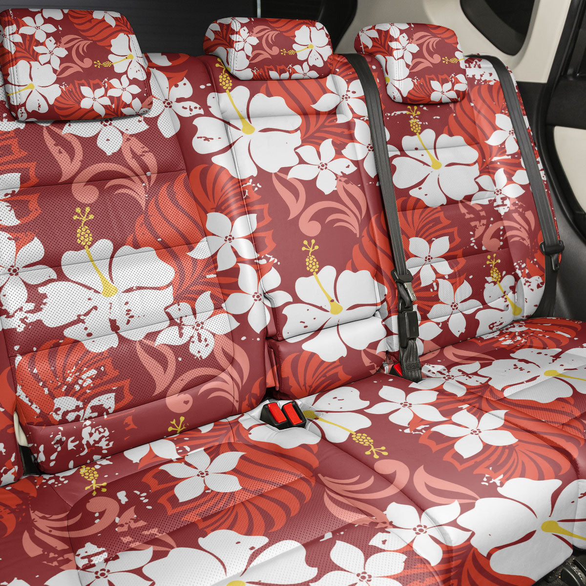 Red Hawaiian Hibiscus Monstera Back Car Seat Cover Grunge Stylized LT01 - Polynesian Pride