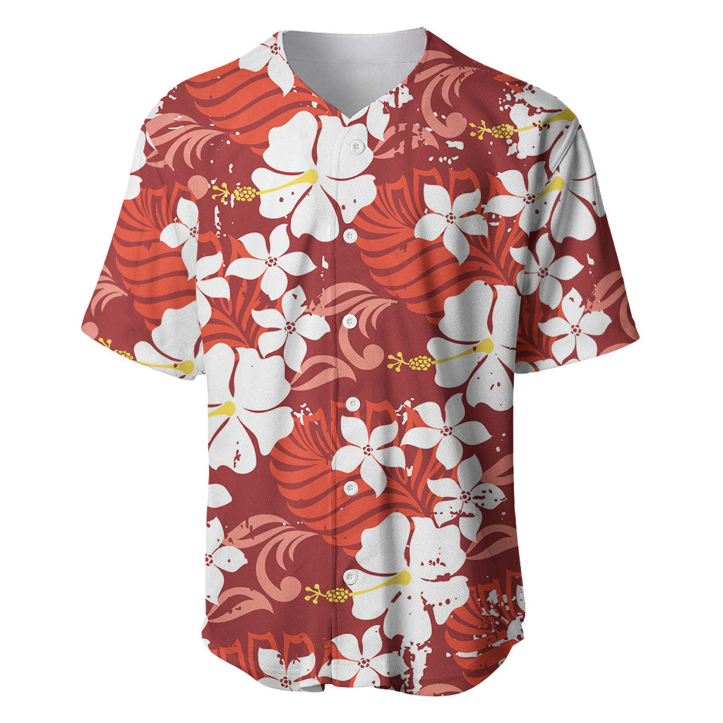 Red Hawaiian Hibiscus Monstera Baseball Jersey Grunge Stylized LT01 Red - Polynesian Pride