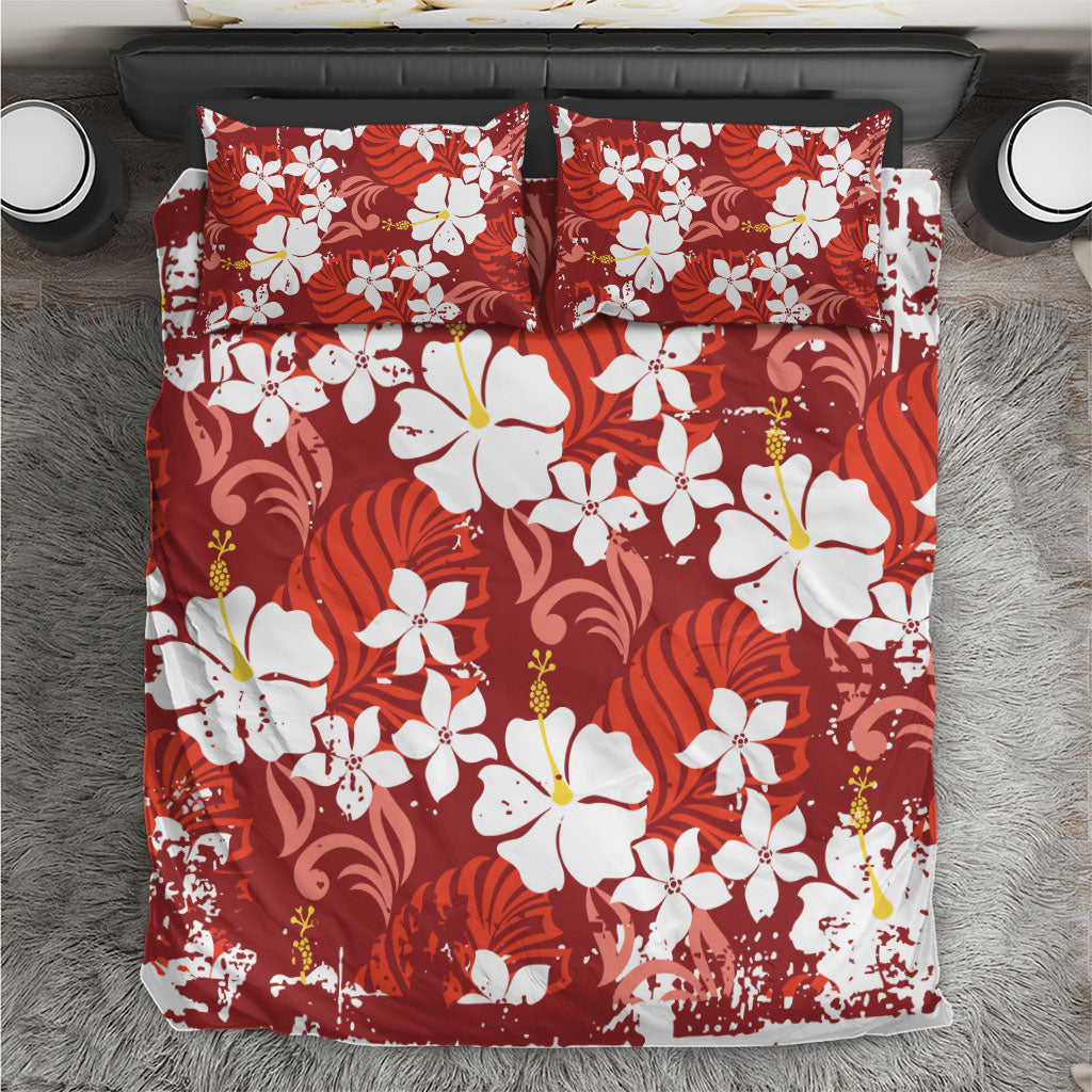 Red Hawaiian Hibiscus Monstera Bedding Set Grunge Stylized LT01 Red - Polynesian Pride