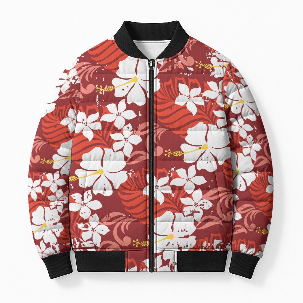 Red Hawaiian Hibiscus Monstera Bomber Puffer Jacket Grunge Stylized LT01 Unisex Red - Polynesian Pride
