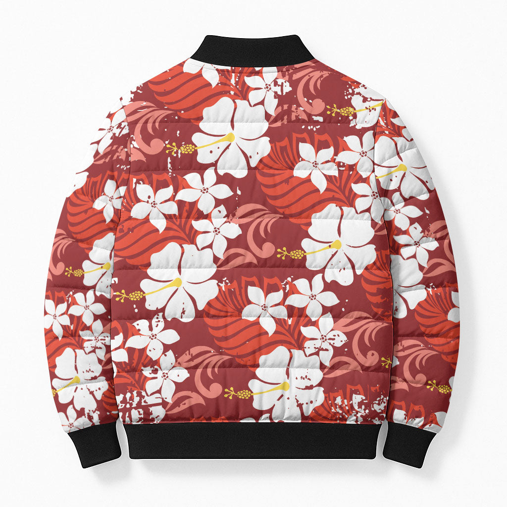 Red Hawaiian Hibiscus Monstera Bomber Puffer Jacket Grunge Stylized LT01 - Polynesian Pride