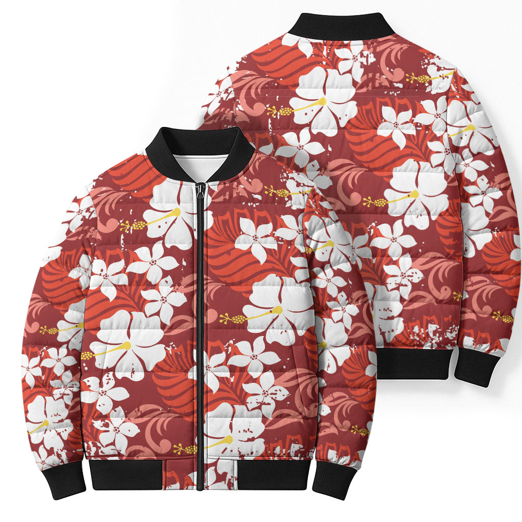 Red Hawaiian Hibiscus Monstera Bomber Puffer Jacket Grunge Stylized LT01 - Polynesian Pride