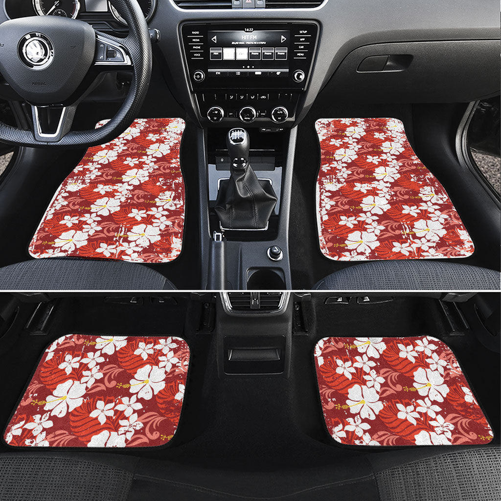 Red Hawaiian Hibiscus Monstera Car Mats Grunge Stylized LT01 Set 4pcs Red - Polynesian Pride