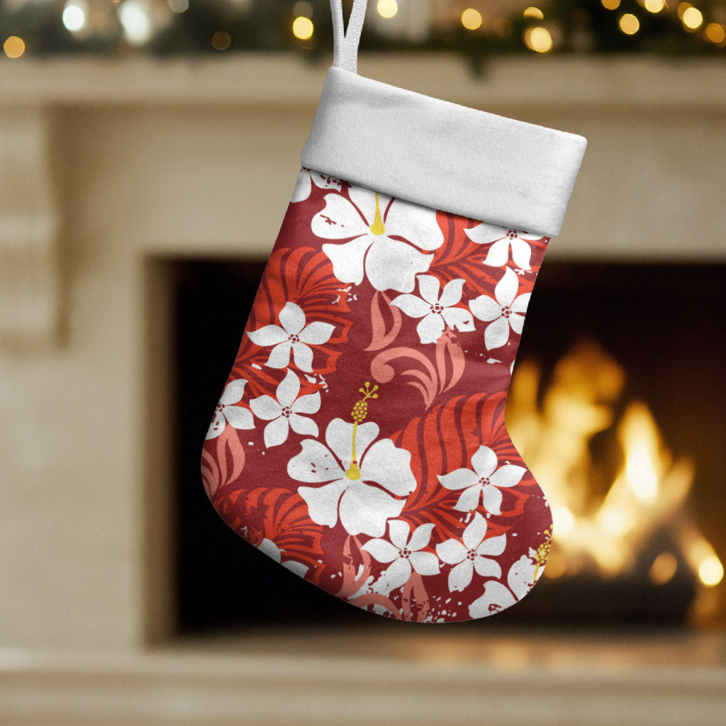 Red Hawaiian Hibiscus Monstera Christmas Stocking Grunge Stylized LT01 Set of 2 Red - Polynesian Pride