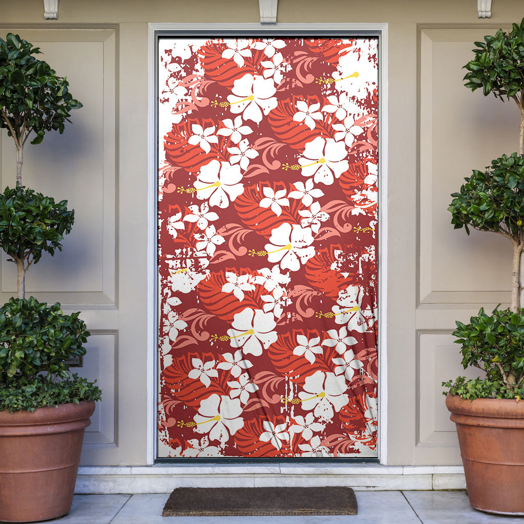 Red Hawaiian Hibiscus Monstera Door Cover Grunge Stylized LT01 Red - Polynesian Pride