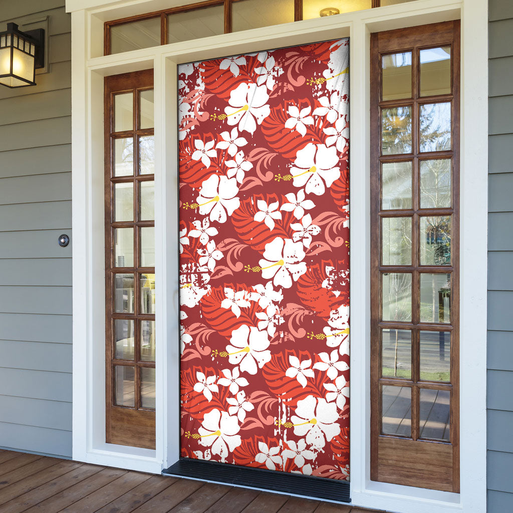Red Hawaiian Hibiscus Monstera Door Cover Grunge Stylized LT01 - Polynesian Pride