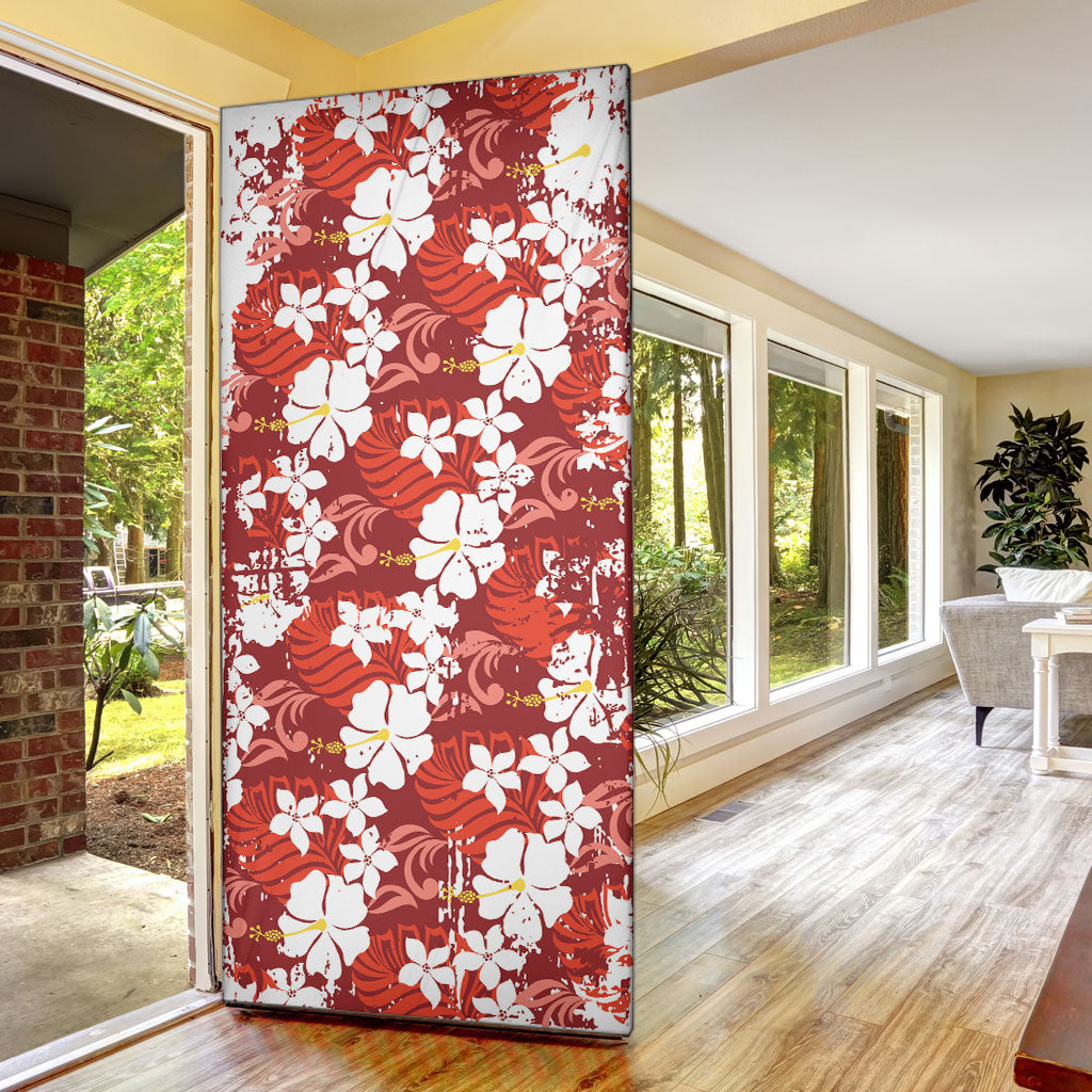 Red Hawaiian Hibiscus Monstera Door Cover Grunge Stylized LT01 - Polynesian Pride