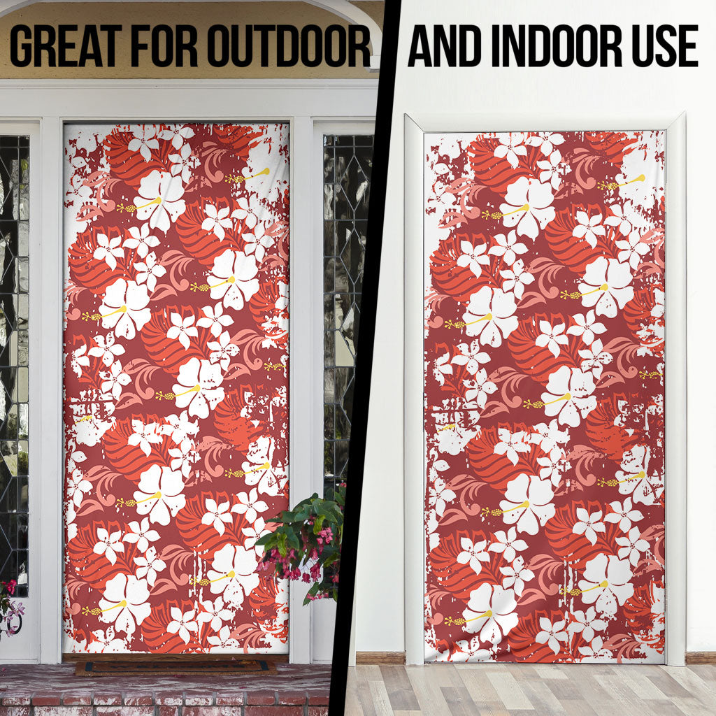 Red Hawaiian Hibiscus Monstera Door Cover Grunge Stylized LT01 - Polynesian Pride