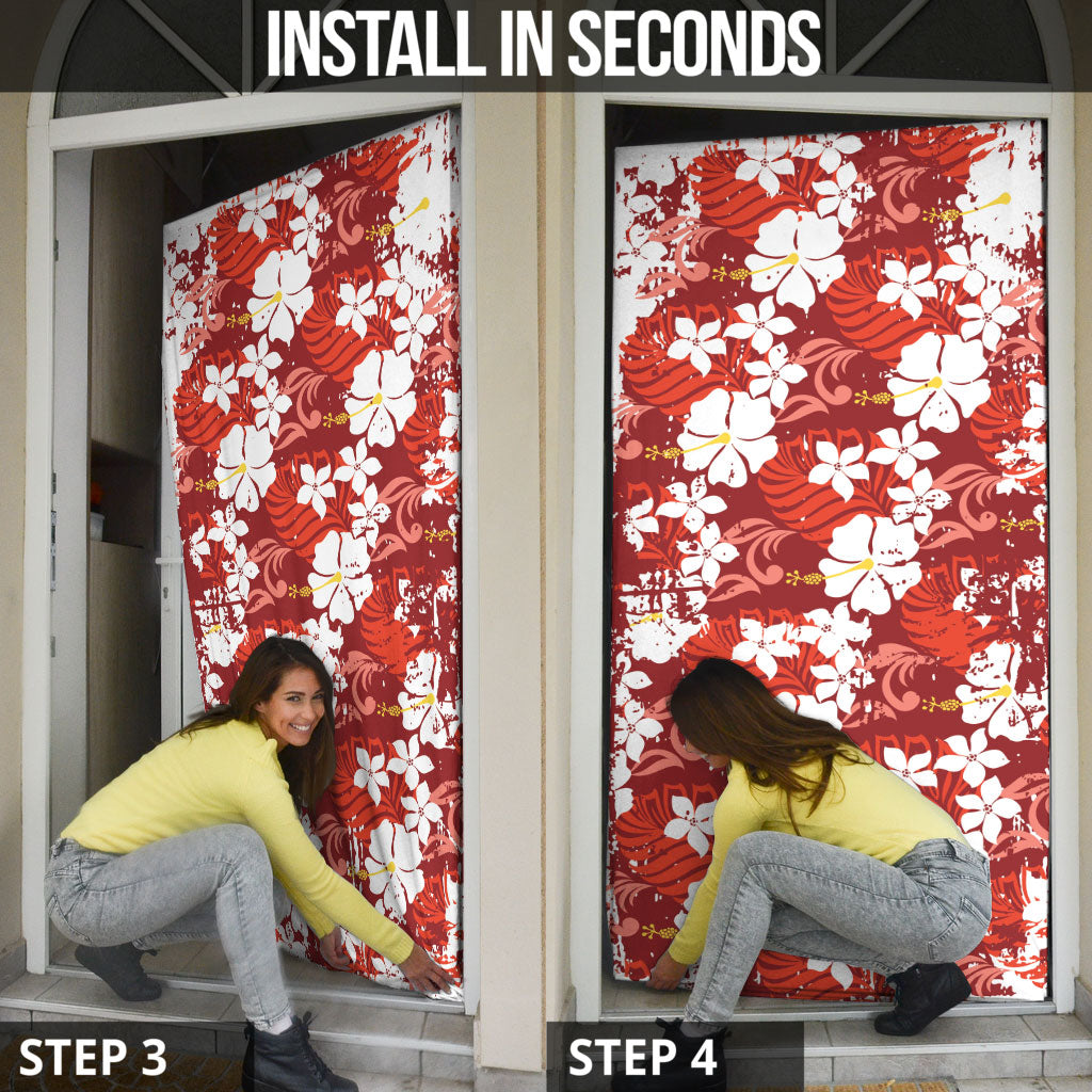 Red Hawaiian Hibiscus Monstera Door Cover Grunge Stylized LT01 - Polynesian Pride