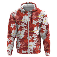 Red Hawaiian Hibiscus Monstera Hoodie Grunge Stylized LT01 Zip Hoodie Red - Polynesian Pride