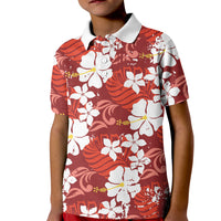 Red Hawaiian Hibiscus Monstera Kid Polo Shirt Grunge Stylized LT01 Kid Red - Polynesian Pride