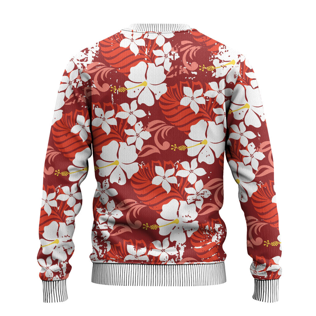 Red Hawaiian Hibiscus Monstera Ugly Christmas Sweater Grunge Stylized LT01 - Polynesian Pride