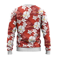 Red Hawaiian Hibiscus Monstera Ugly Christmas Sweater Grunge Stylized LT01 - Polynesian Pride