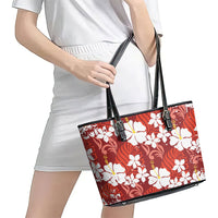 Red Hawaiian Hibiscus Monstera Leather Tote Bag Grunge Stylized LT01 - Polynesian Pride