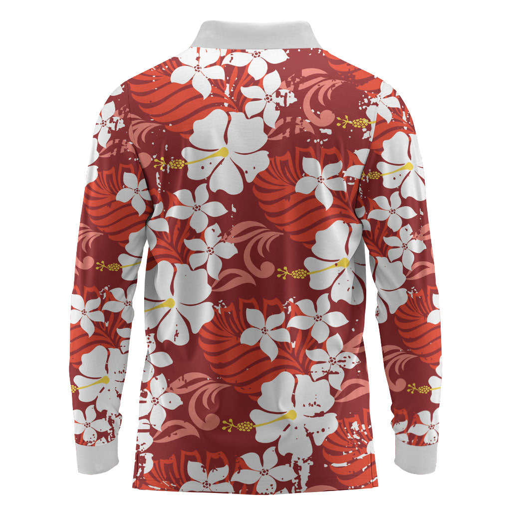 Red Hawaiian Hibiscus Monstera Long Sleeve Polo Shirt Grunge Stylized LT01 - Polynesian Pride