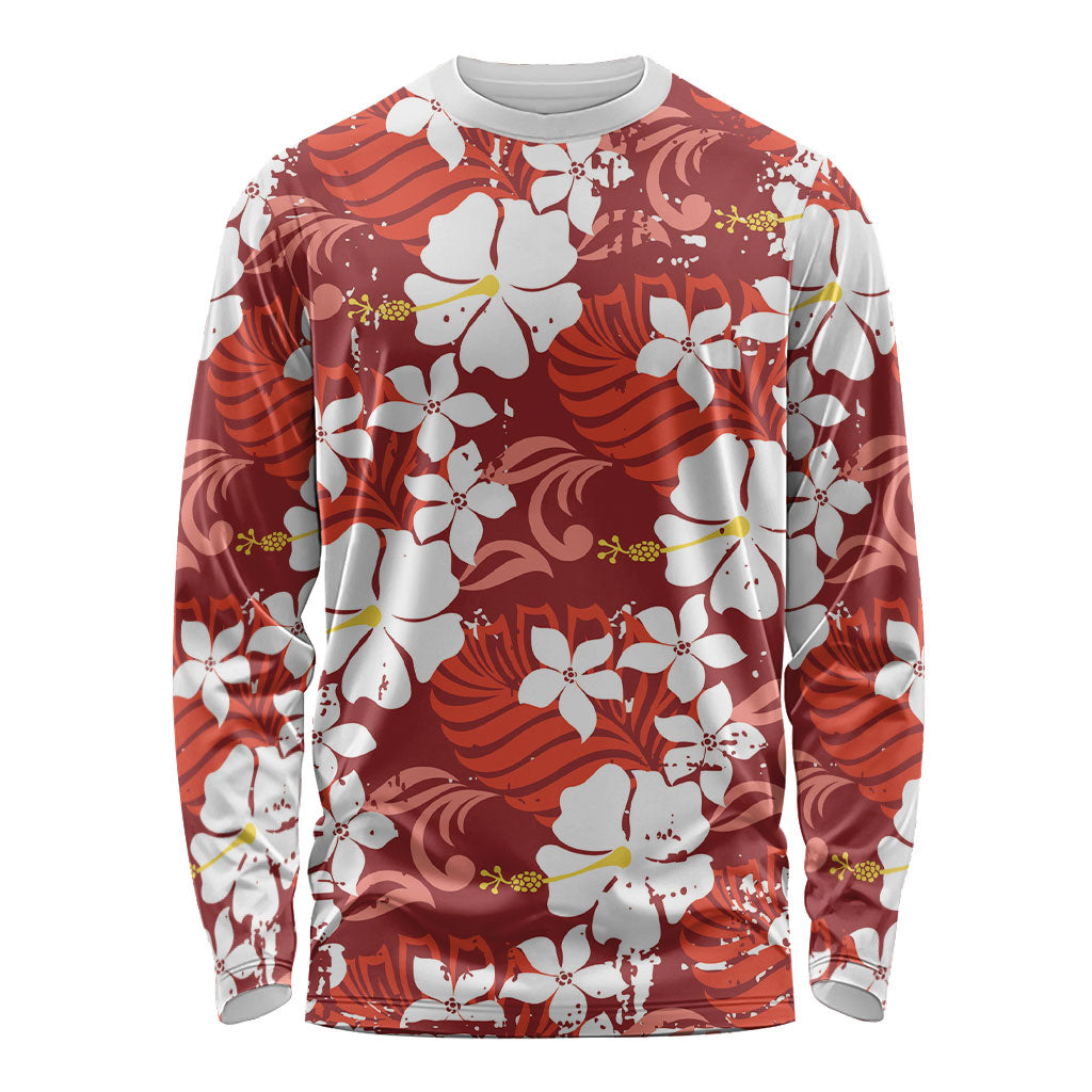 Red Hawaiian Hibiscus Monstera Long Sleeve Shirt Grunge Stylized LT01 Unisex Red - Polynesian Pride