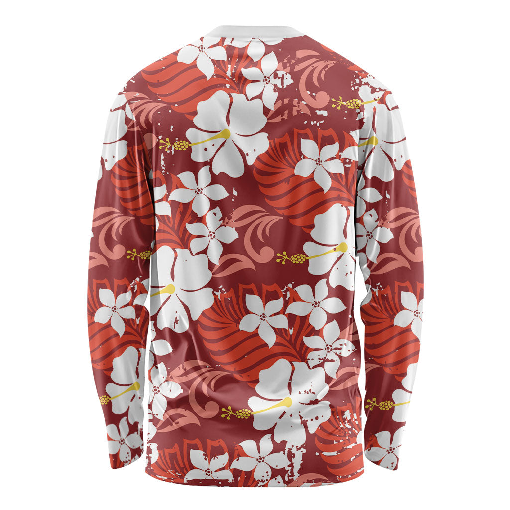 Red Hawaiian Hibiscus Monstera Long Sleeve Shirt Grunge Stylized LT01 - Polynesian Pride