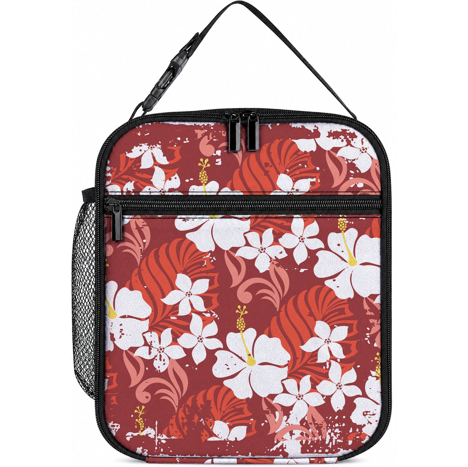 Red Hawaiian Hibiscus Monstera Lunch Bag Grunge Stylized LT01 10.2 × 8.3 × 4.3 inch Red - Polynesian Pride