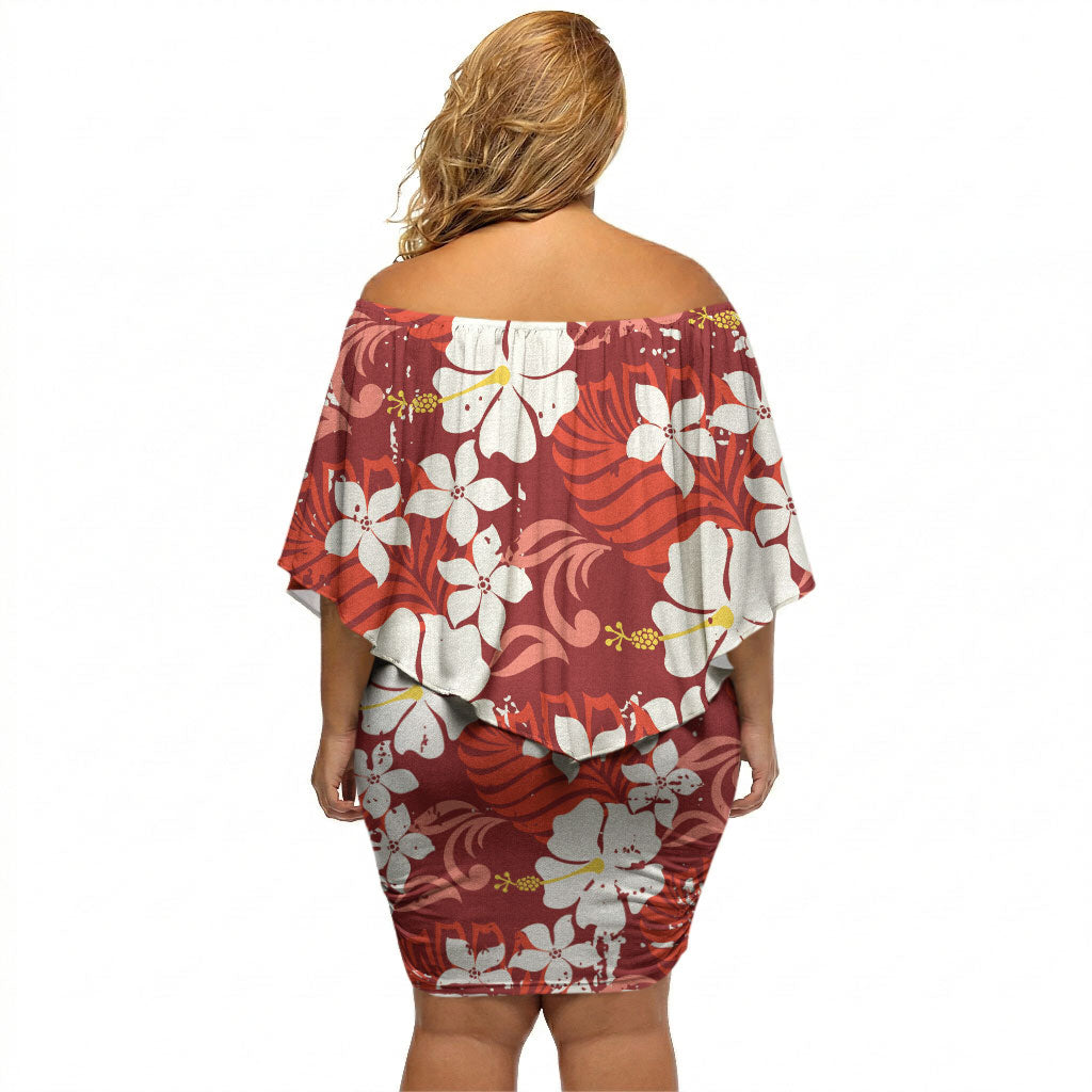 Red Hawaiian Hibiscus Monstera Off Shoulder Short Dress Grunge Stylized LT01 - Polynesian Pride
