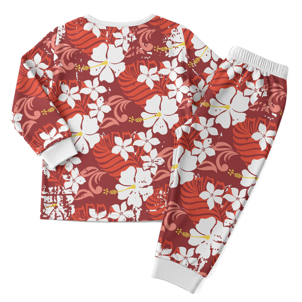 Red Hawaiian Hibiscus Monstera Christmas Pajama Set Grunge Stylized LT01 - Polynesian Pride
