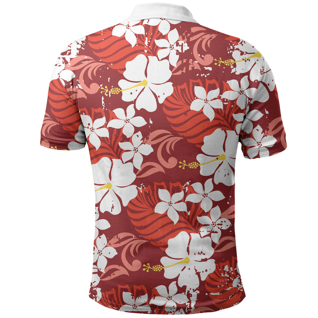 Red Hawaiian Hibiscus Monstera Polo Shirt Grunge Stylized LT01 - Polynesian Pride