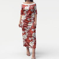 Red Hawaiian Hibiscus Monstera Puletasi Grunge Stylized LT01 Long Dress Red - Polynesian Pride